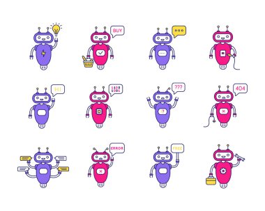 Beyaz arka plan üzerinde chatbots renk Icons set