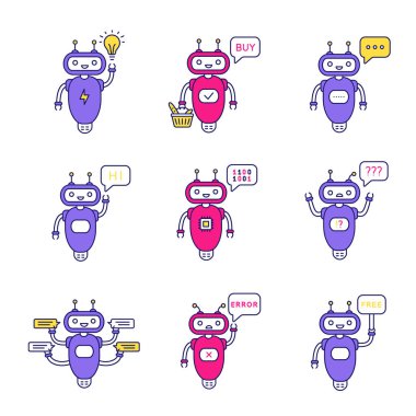 Beyaz arka plan üzerinde chatbots renk Icons set
