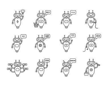 Beyaz arka plan üzerinde chatbots doğrusal Icons set