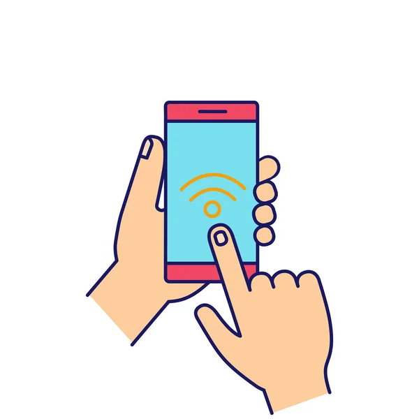 Manos Sosteniendo Icono Color Del Teléfono Inteligente Nfc — Archivo Imágenes Vectoriales