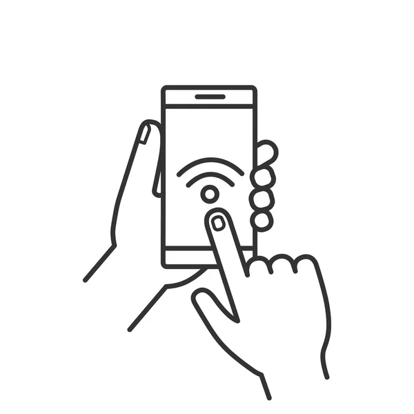 Händer Som Håller Nfc Smartphone Linjär Ikonen — Stock vektor