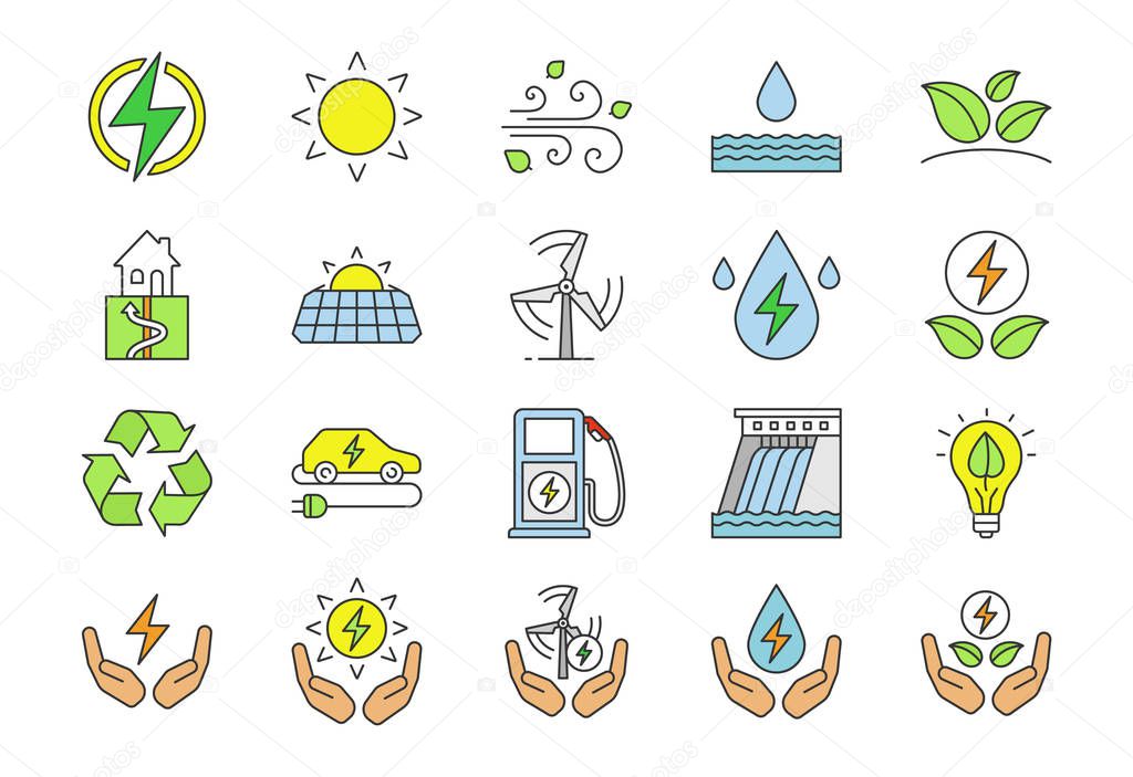 Alternative energy sources color icons set