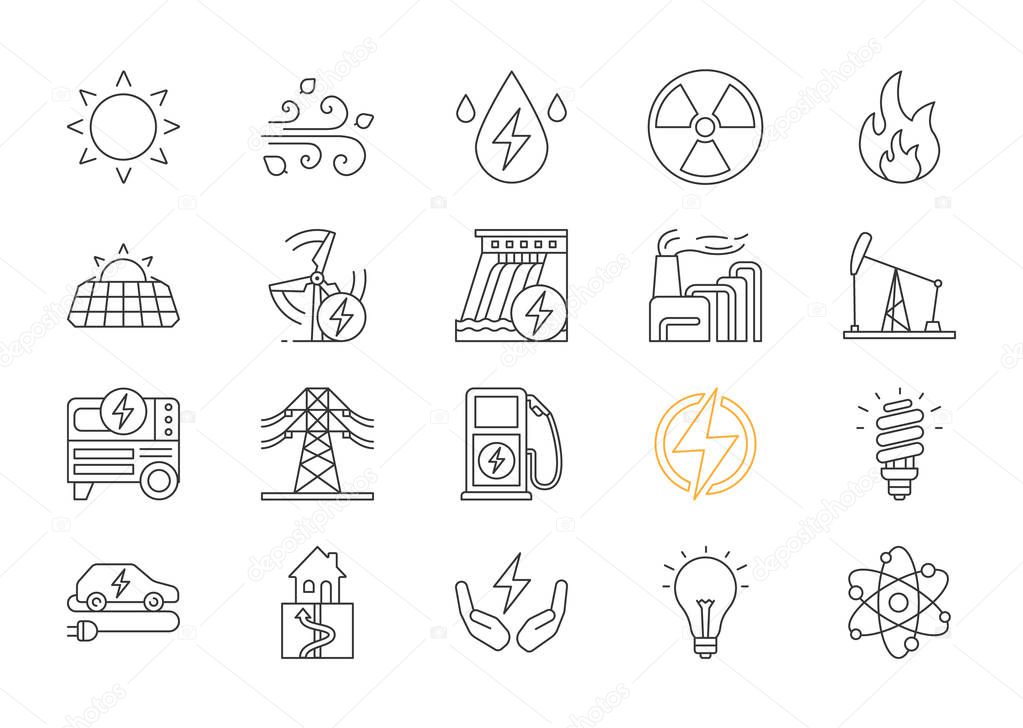 Electric energy linear icons set on white background