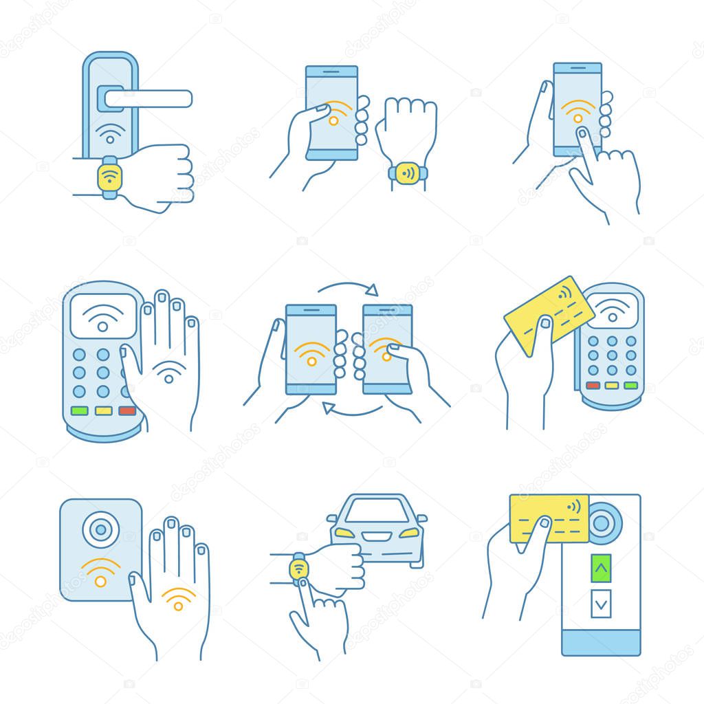 NFC technology color icons set.