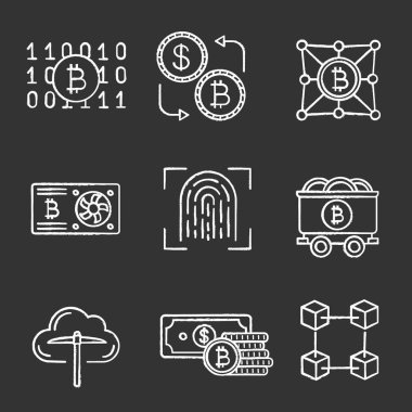 Bitcoin cryptocurrency tebeşir Icons set. 
