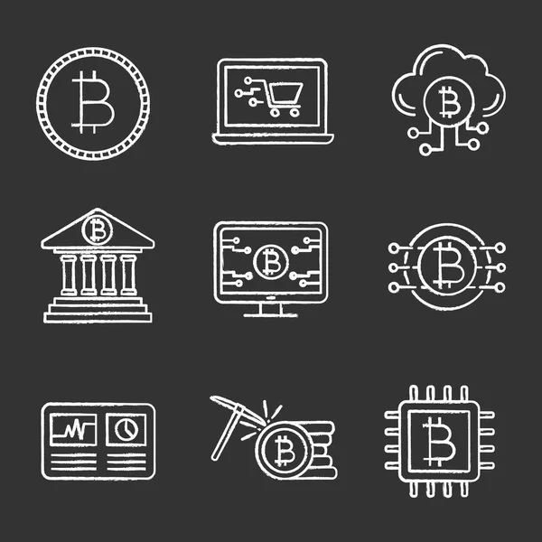 Bitcoin Cryptocurrency Chalk Icons Set — Stock Vector