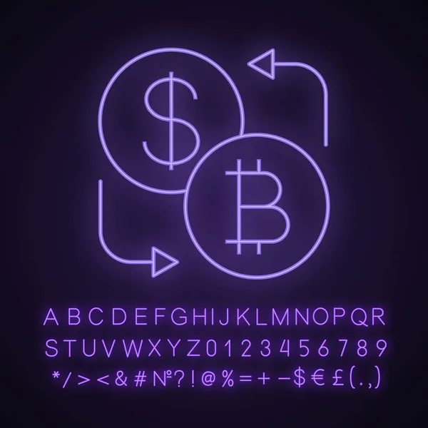Bitcoin Och Dollar Valuta Exchange Neon Ljus Ikonen — Stock vektor