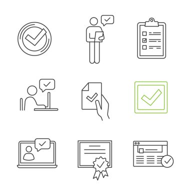 Onaylama doğrusal Icons set, onay işareti, Yöneticisi, denetim listesi, onaylanmış sohbet, sözleşme imzalama, onay kutusu, sertifika, tarayıcı doğrulama, sohbet etmek
