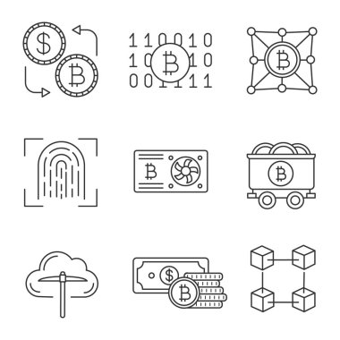 Bitcoin cryptocurrency doğrusal Icons set