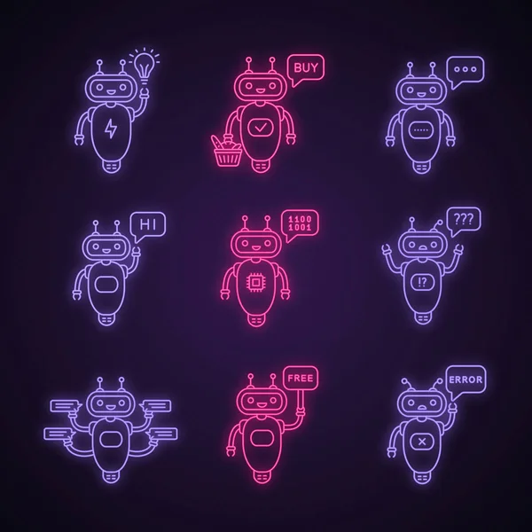 Chatbots Neonljus Ikoner Set — Stock vektor