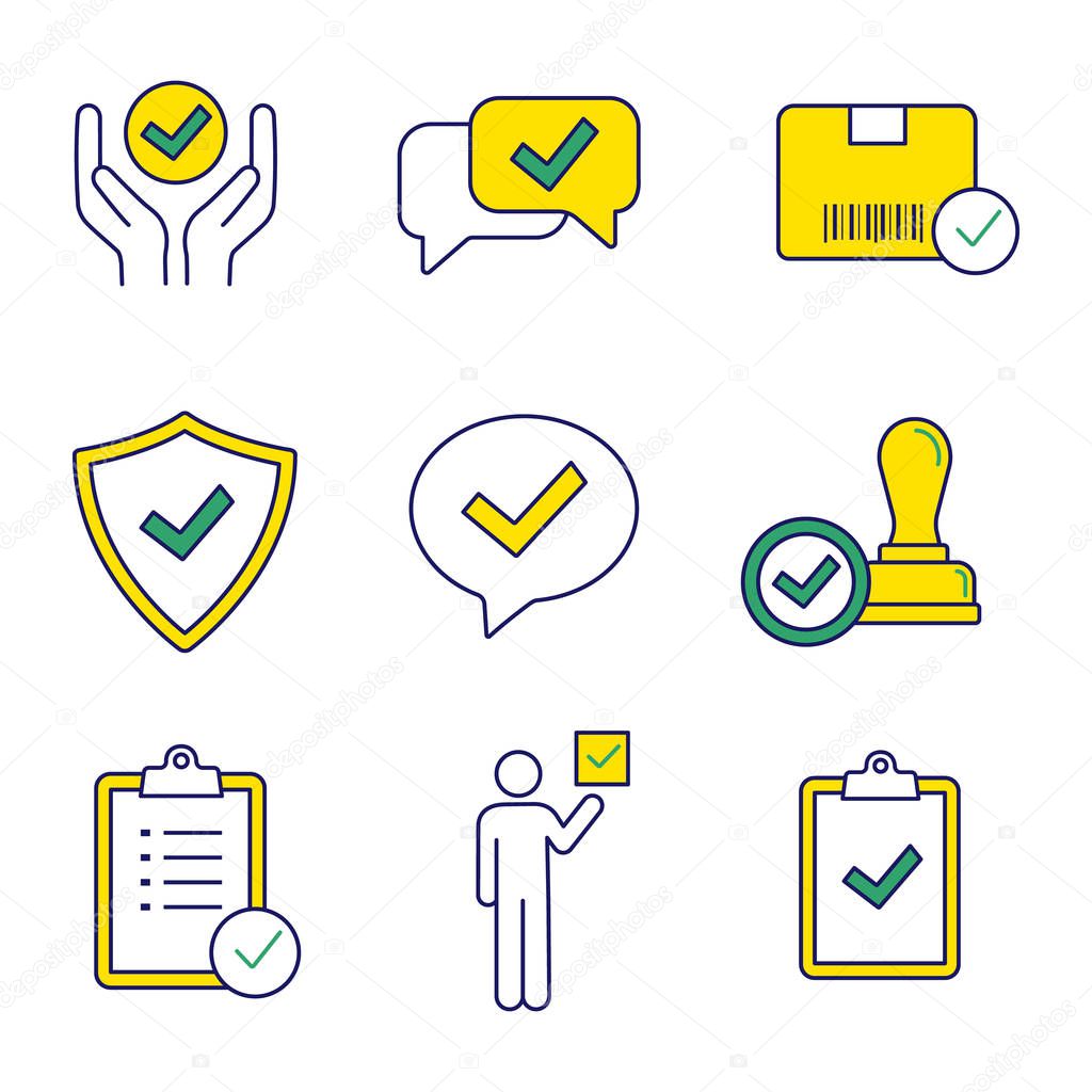 Approve color icons set, quality service, approved chat, delivery, security, dialog, stamp, task planning, voter, clipboard with checkmark