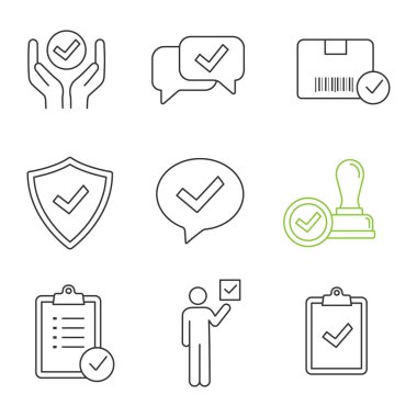 Onaylama doğrusal Icons set, kaliteli hizmet, onaylanmış sohbet, teslimat, güvenlik, iletişim, damga, görev planlama, seçmen, Pano onay işareti ile