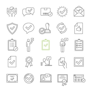 Onaylama doğrusal Icons set, sertifikaları, Ödülleri, kalite rozetleri ile onay işaretli