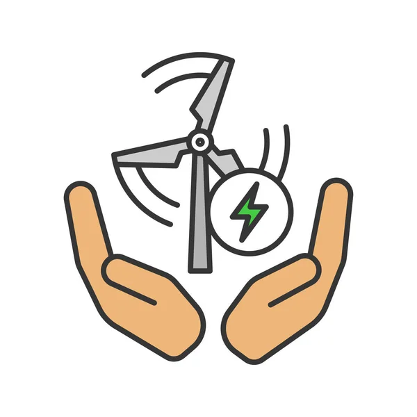 Energie Windturbine Handen Kleur Pictogram — Stockvector