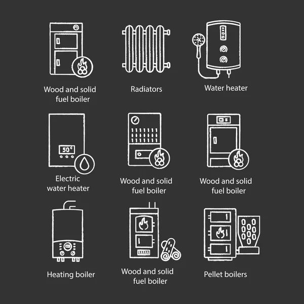 Heating Chalk Icons Set Boilers Radiators Water Heaters — Stock Vector