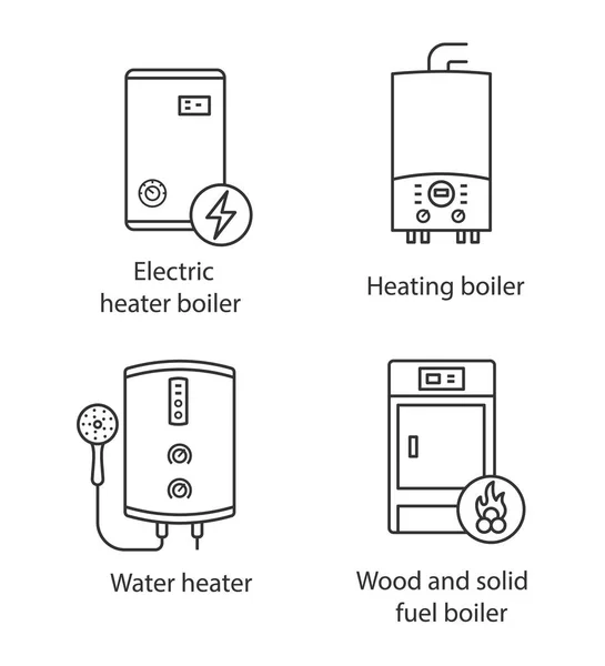 Linearer Heizungssymbolsatz Elektrischer Boiler Gas Und Tankloser Durchlauferhitzer Festbrennstoffkessel — Stockvektor