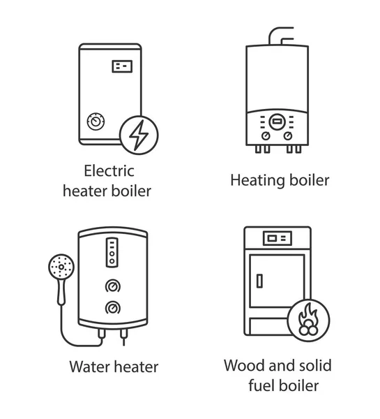 加热线性图标集 电锅炉 燃气和电 Tankless 热水器 固体燃料锅炉 — 图库矢量图片