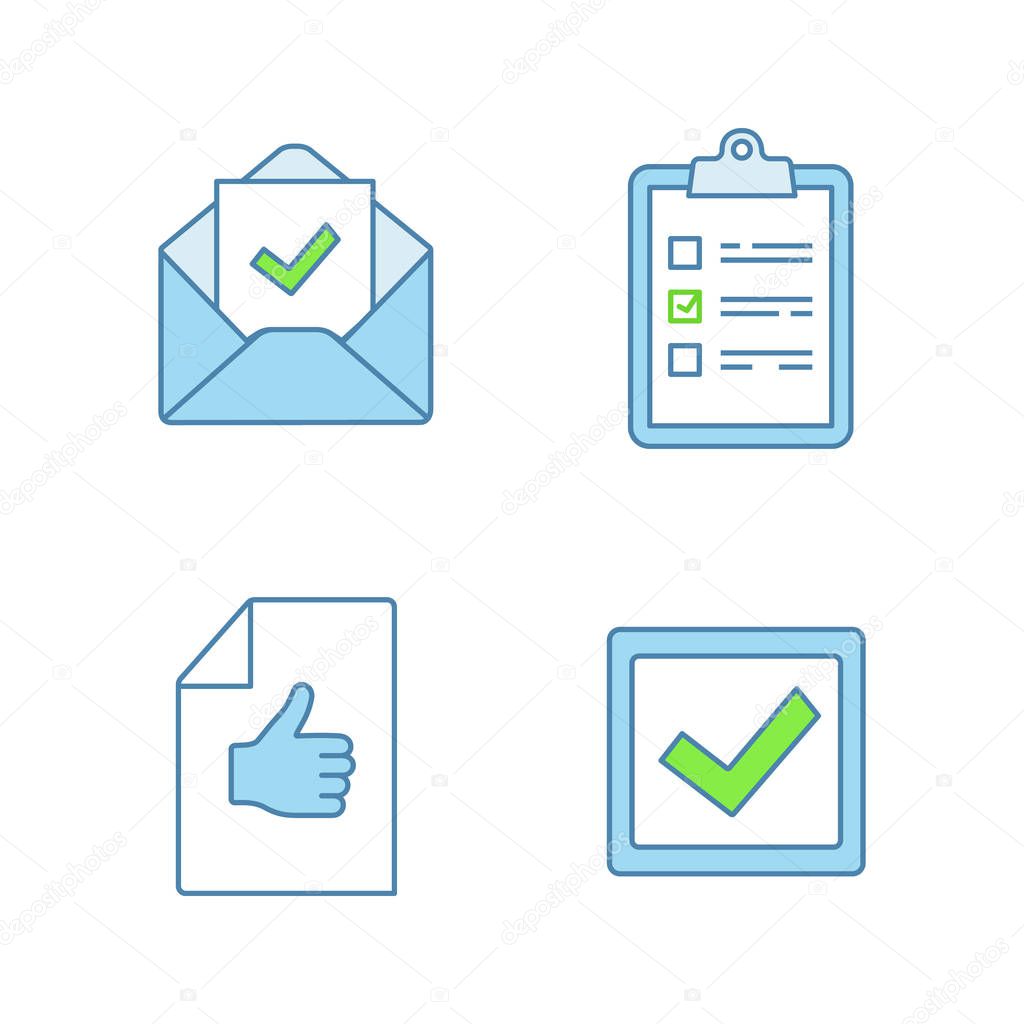 Approve color icons set, task planning, email confirmation, checkbox, approval document