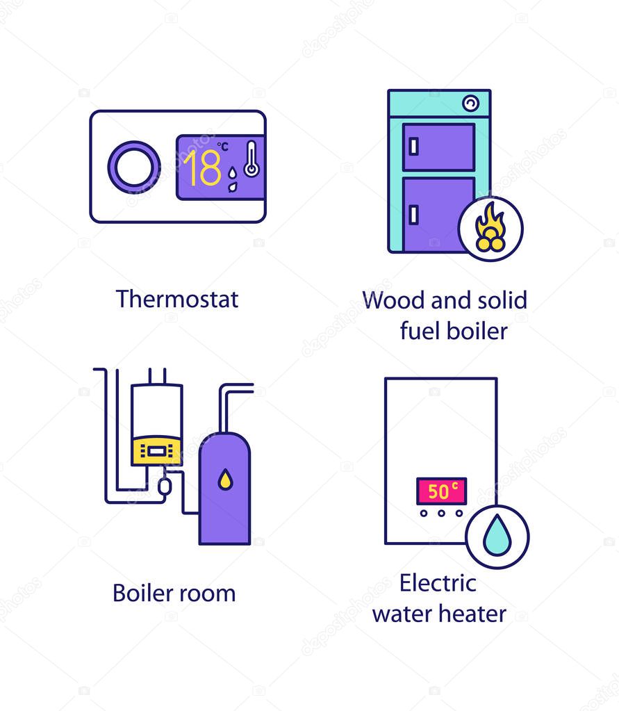 Heating color icons set, digital thermostat, solid fuel boiler, boiler room, electric water heater