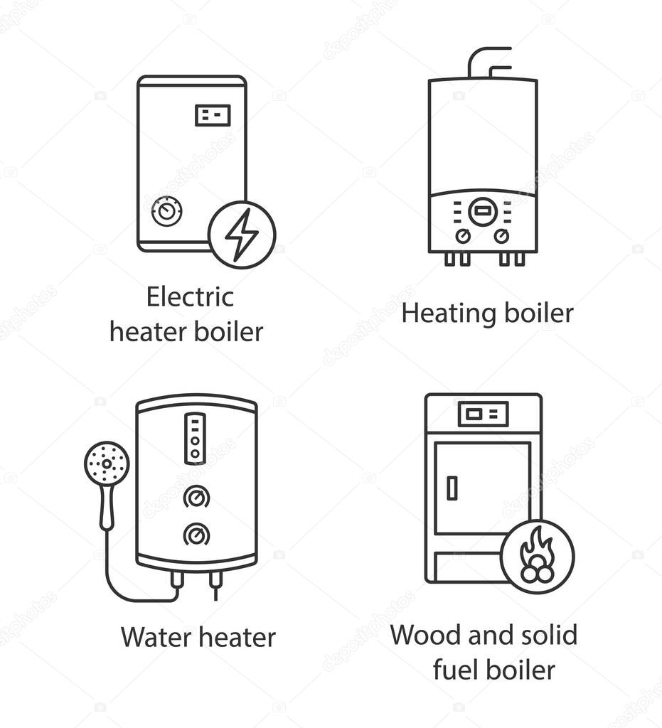 Heating linear icons set, electric boiler, gas and electric tankless water heater, solid fuel boiler