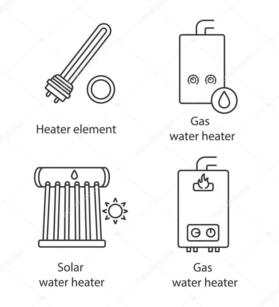 Heating linear icons set, electric and gas water heaters, heating boiler, industrial water heater