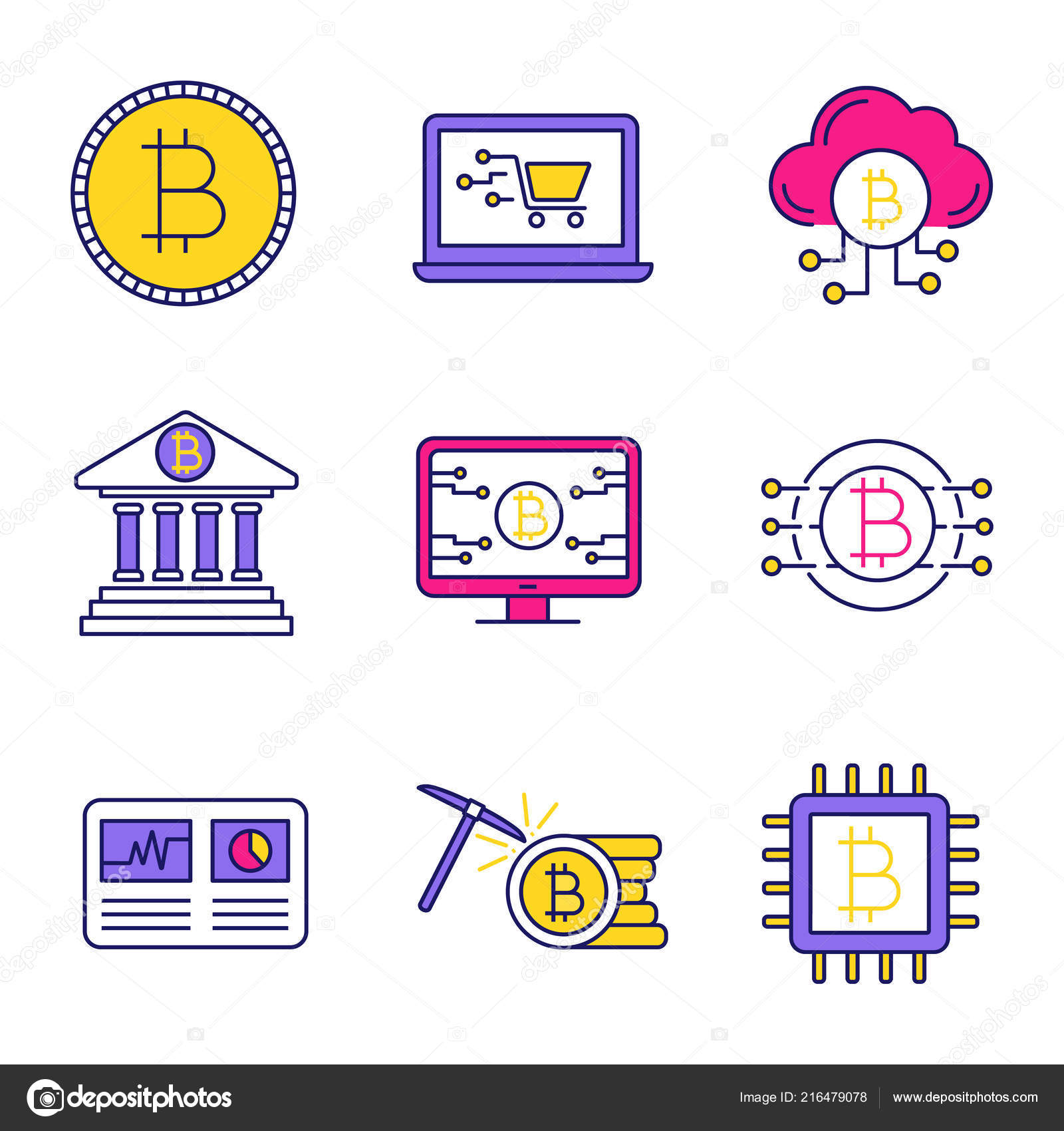 Bitcoin Cryptocurrency Color Icons Set Coin Online Shopping Cloud - 
