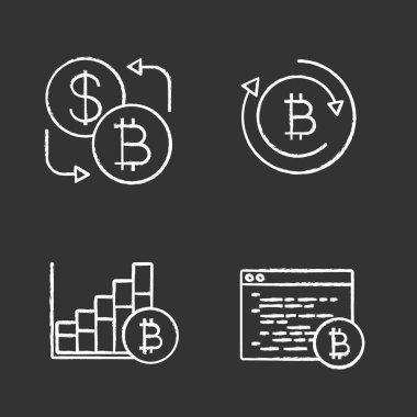 Bitcoin cryptocurrency tebeşir Icons set. Döviz Alım Satım, bitcoin geri ödeme, Pazar büyüme grafiği madenciliği yazılım.