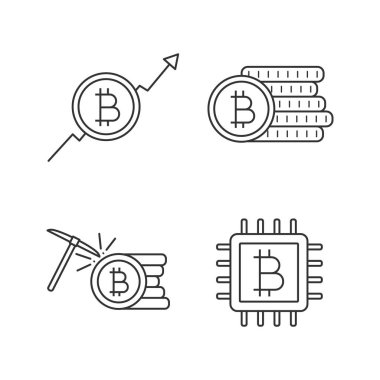 Bitcoin cryptocurrency doğrusal Icons set. Pazar büyüme grafiği, bitcoin sikke yığını, madencilik, mikroçip.