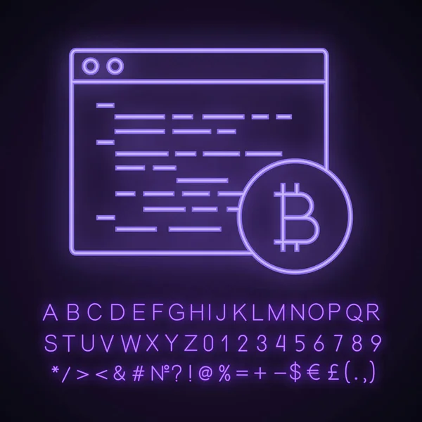 Blockchain Codierung Mit Bitcoin Mining Software Neon Light Symbol — Stockvektor