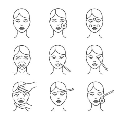 Nörotoksin enjeksiyon kozmetik prosedürler doğrusal Icons set. Makyaj Temizleme, kopyalama kırışıklık, güzellik uzmanı muayene. 