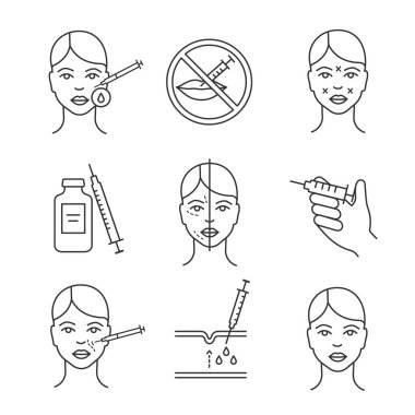 Anti kırışıklık nörotoksin enjeksiyon kozmetik prosedürler doğrusal Icons set.
