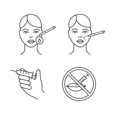 Neurotoxin injection linear icons set. Lips injection prohibition, area disinfection, nasolabial folds injecting. clipart