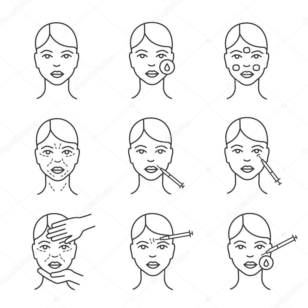 Neurotoxin injection cosmetic procedures linear icons set. Makeup removal, mimic wrinkles, cosmetologist examination. 