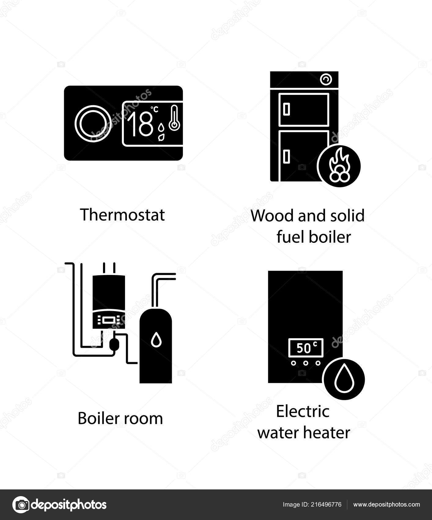 Heating Glyph Icons Set Digital Thermostat Solid Fuel Boiler