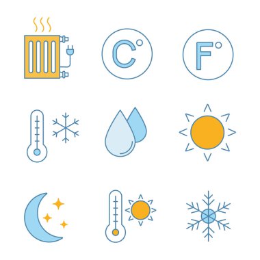 Klima renk simgeler kümesi. Elektrikli radyatör, Celsius, Fahrenheit, kış, nemlendirme, Güneş, gece modu, yaz sıcaklığı, kar tanesi.