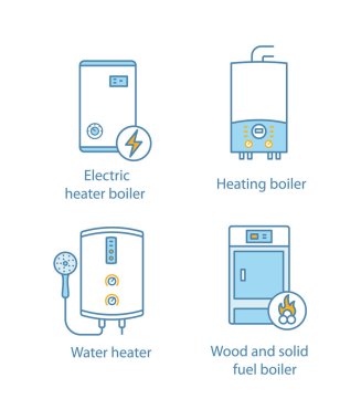 Isıtma renk simgeler kümesi. Elektrikli kombi, gaz ve elektrik tankless şofben, katı yakıtlı kazan. 