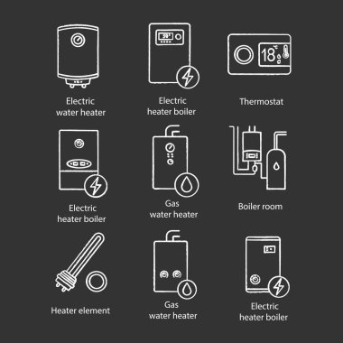 Ticari, endüstriyel ve yerel Merkezi Isıtma sistemleri Icons set tebeşir. Kazanlar, ısıtıcılar, termostat, kazan dairesi.
