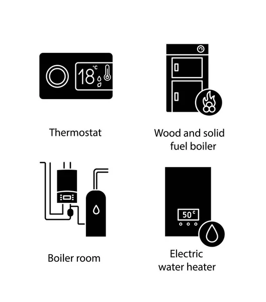 Heating Glyph Icons Set Digital Thermostat Solid Fuel Boiler Boiler — Stock Vector
