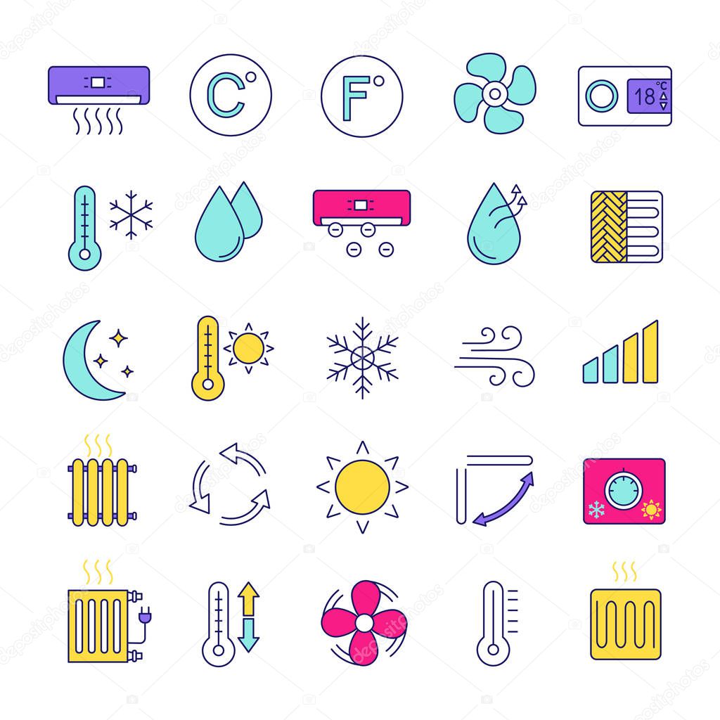 Air conditioning color icons set. Air heating, humidification, ionization, ventilation. 