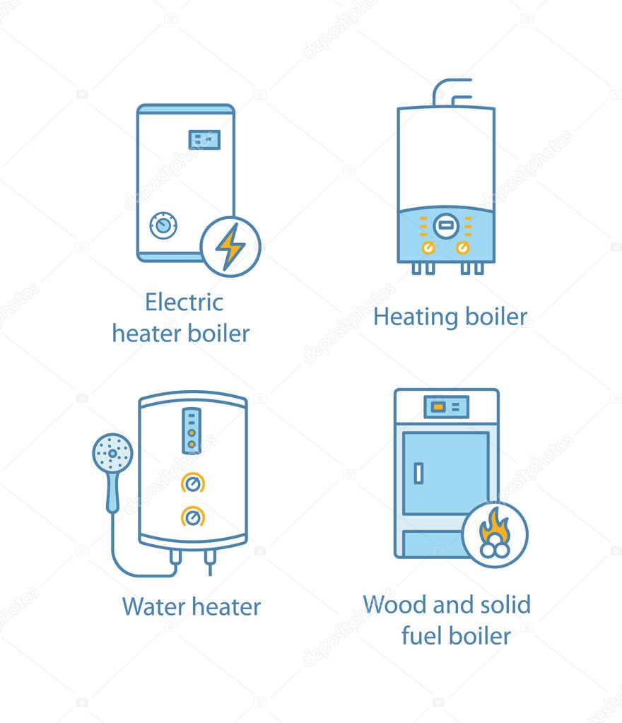 Heating color icons set. Electric boiler, gas and electric tankless water heater, solid fuel boiler. 