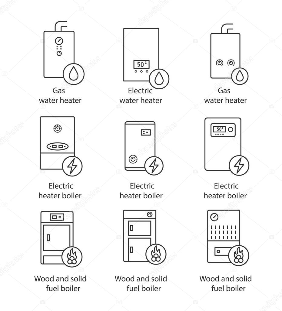 Heating linear icons set. Gas, electric, solid fuel, boilers and water heater.