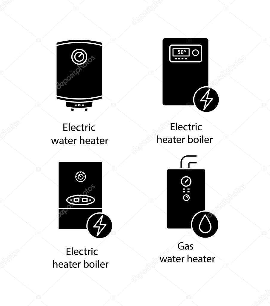 Central heating system glyph icons set. Electric and gas water heater and heating boilers.