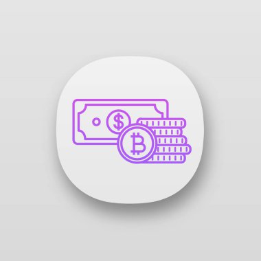Bitcoin sikke yığını ve doları banknot app simgesi.