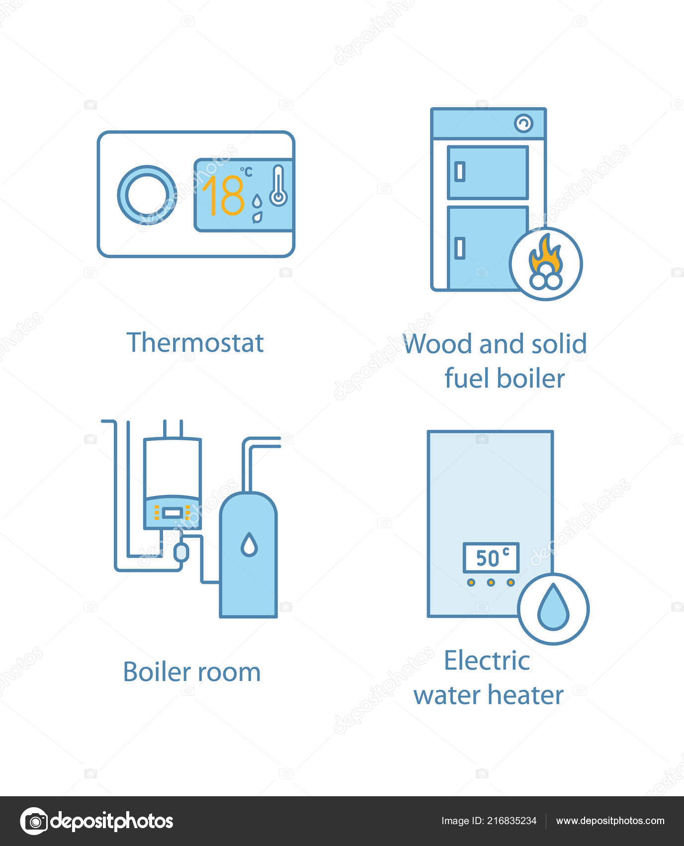 Heating Color Icons Set Digital Thermostat Solid Fuel Boiler