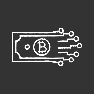 Kağıt para ile küçük parça yolu ve Bitcoin tebeşir simgesi. 