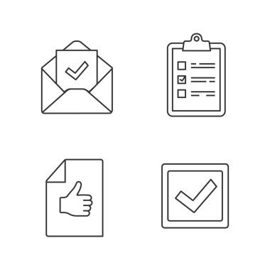 Doğrusal Icons set onaylayın. Planlama görev, e-posta onay, onay kutusunu, onay belgesi.