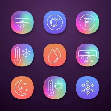Klima app simgeleri ayarlayın. Saç kremi, Celsius, Fahrenheit, kış ve yaz sıcaklık, su damlası, Ionizer, gece modu, kar tanesi.