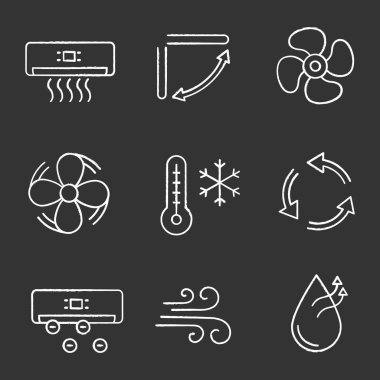 Klima tebeşir Icons set. Klima, Panjur, egzoz fan, vantilatör, kış sıcaklık, havalandırma, Ionizer, hava akımı, nemlendirme.