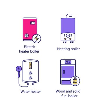 Isıtma renk simgeler kümesi. Elektrikli kombi, gaz ve elektrik tankless şofben, katı yakıtlı kazan.