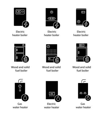 Endüstriyel ve yerel glif Icons set ısınma. Gaz, elektrik, katı yakıt, kazan ve su ısıtıcı.